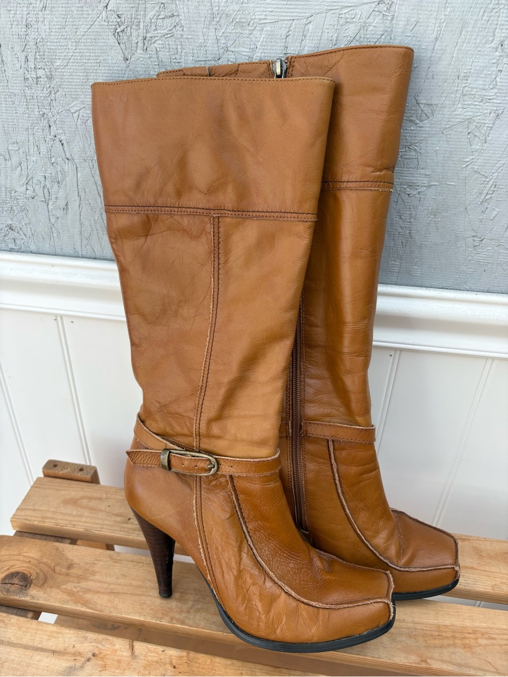 Two Lips Cognac Leather Mid-Calf Heeled Boots